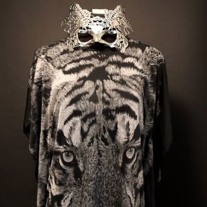 Black Short Sleeve Tiger Face Tunic Blouse Shirt
